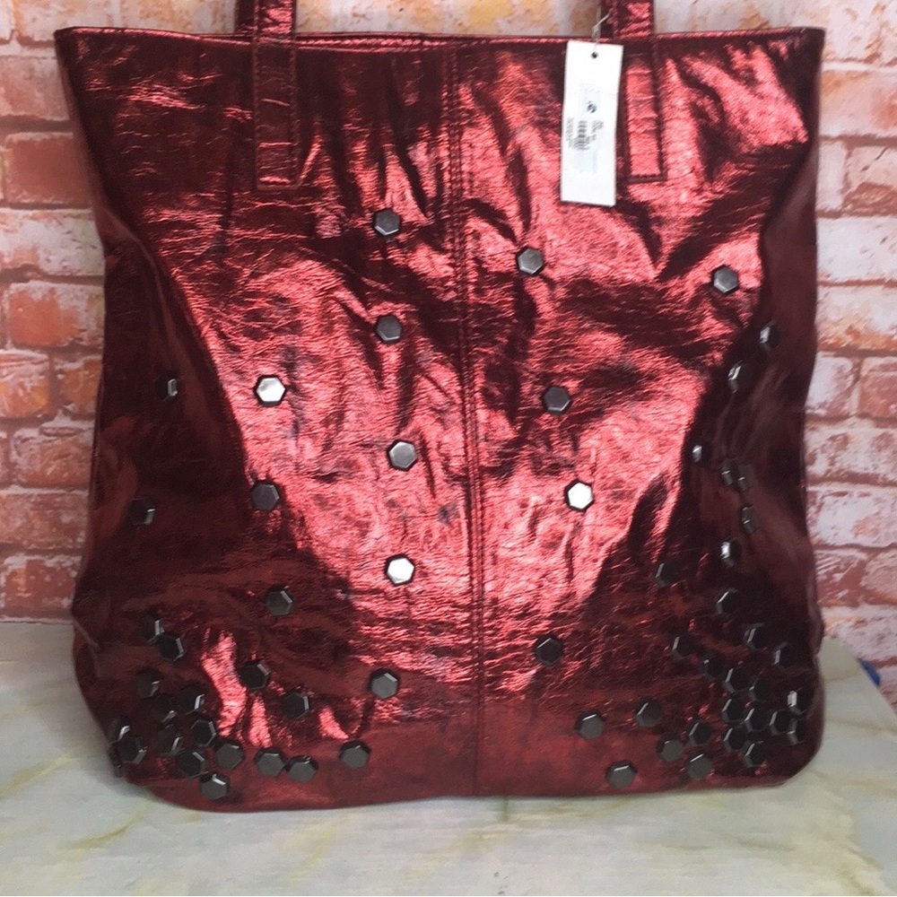 Charming Charlie Vintage Large Metallic Ruby Red Studded Tote Bag - Picture 2 of 11